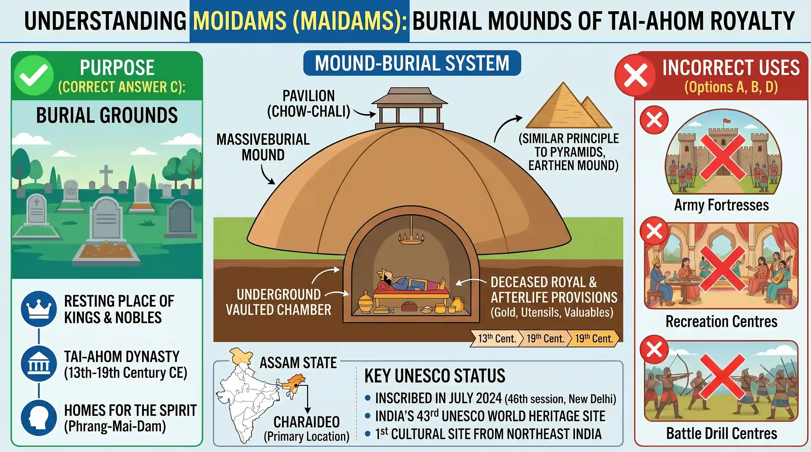 art-culture: Which one of the following statements with regard to the Moidams, built by the Tai-Ahom kingdom and inscribed as a World