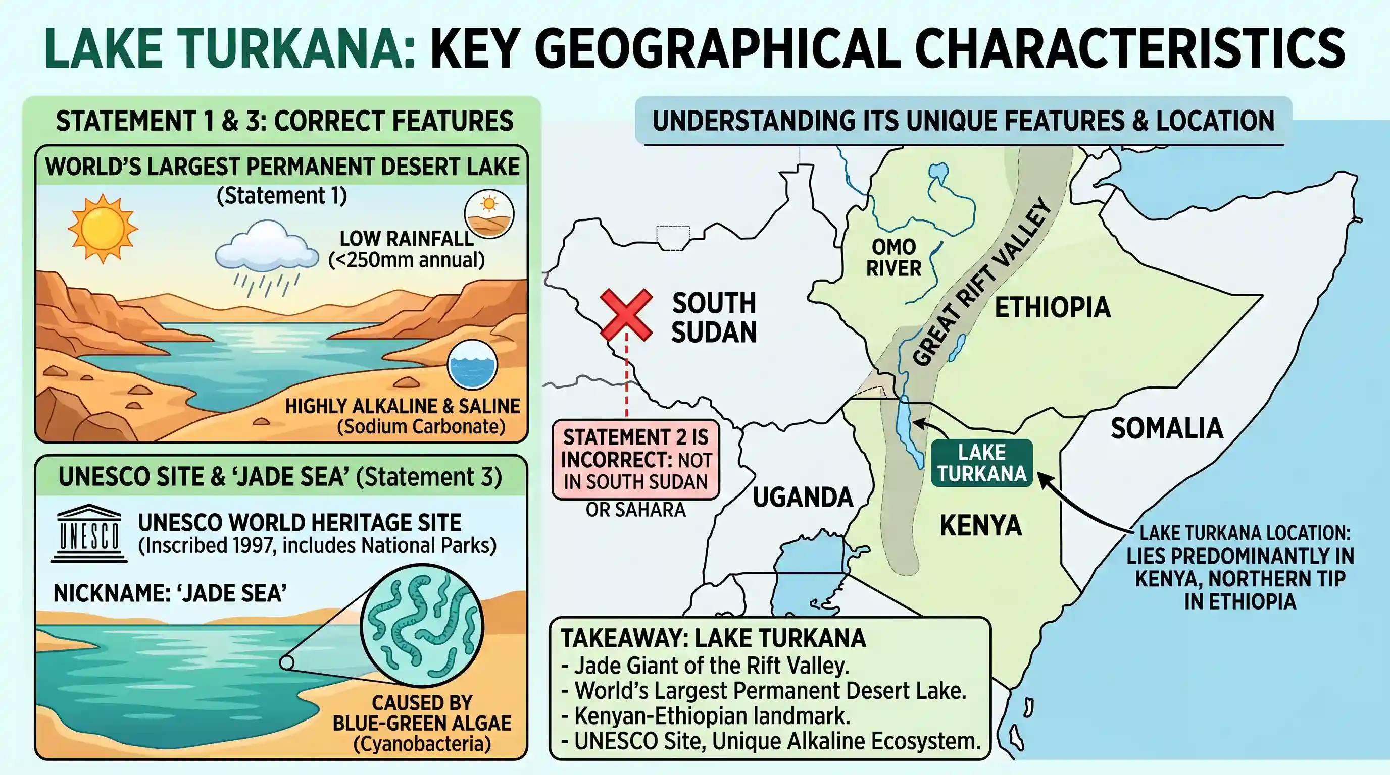 geography: Which of the following statements with reference to Lake Turkana is/are correct ? 1. It is the largest desert lake in th