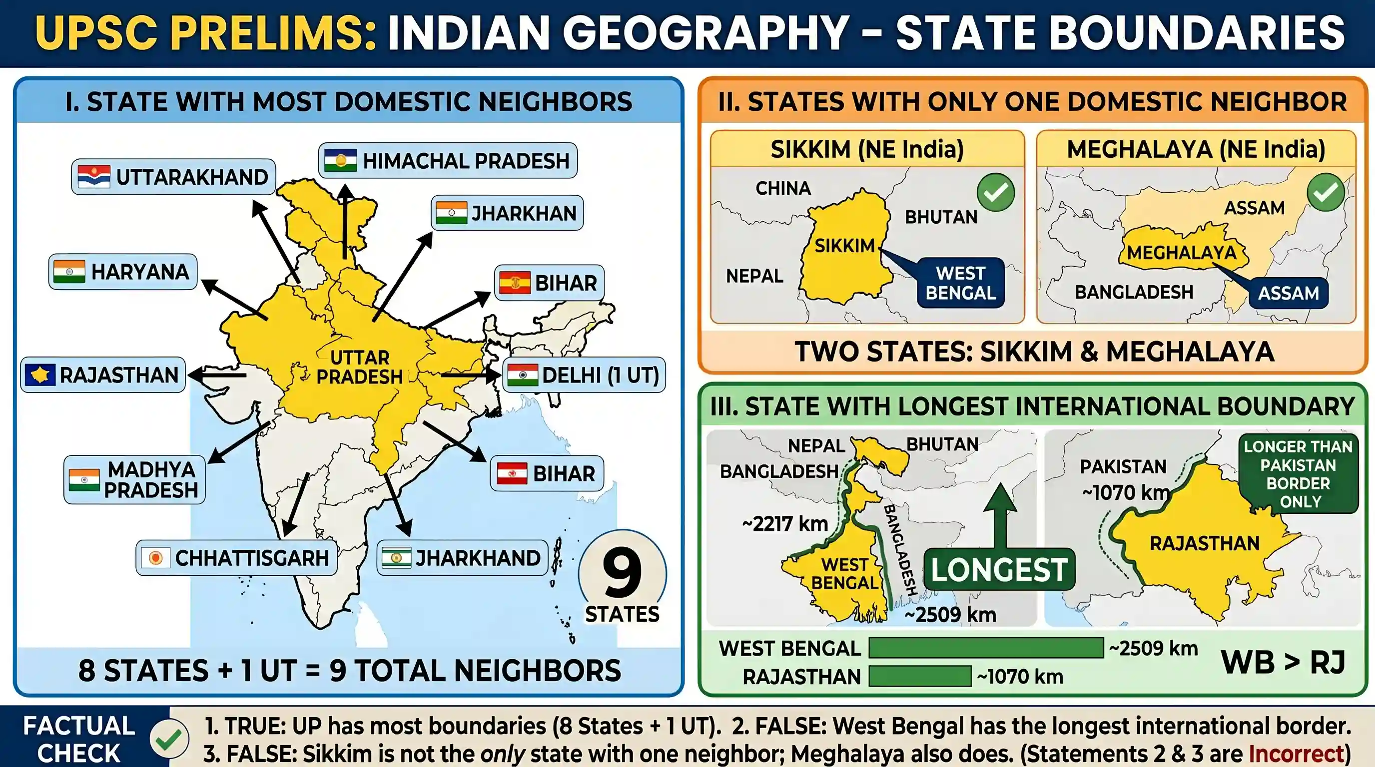 geography: Which of the following with reference to Indian States is/are not correct ? 1. Uttar Pradesh shares its boundary with th