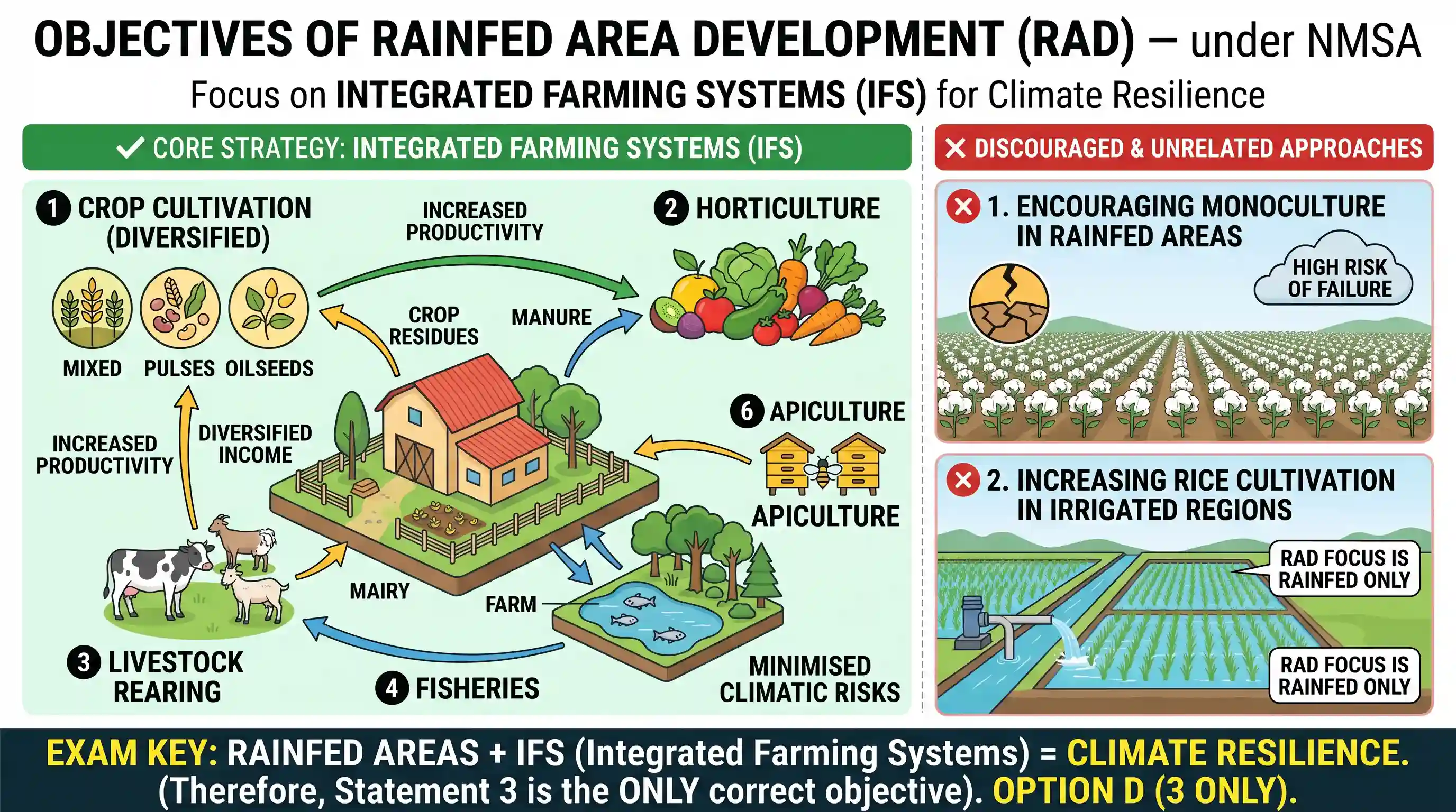 environment: Which among the following is/are the objective(s) of the Rainfed Area Development (RAD) initiative under the National Mi
