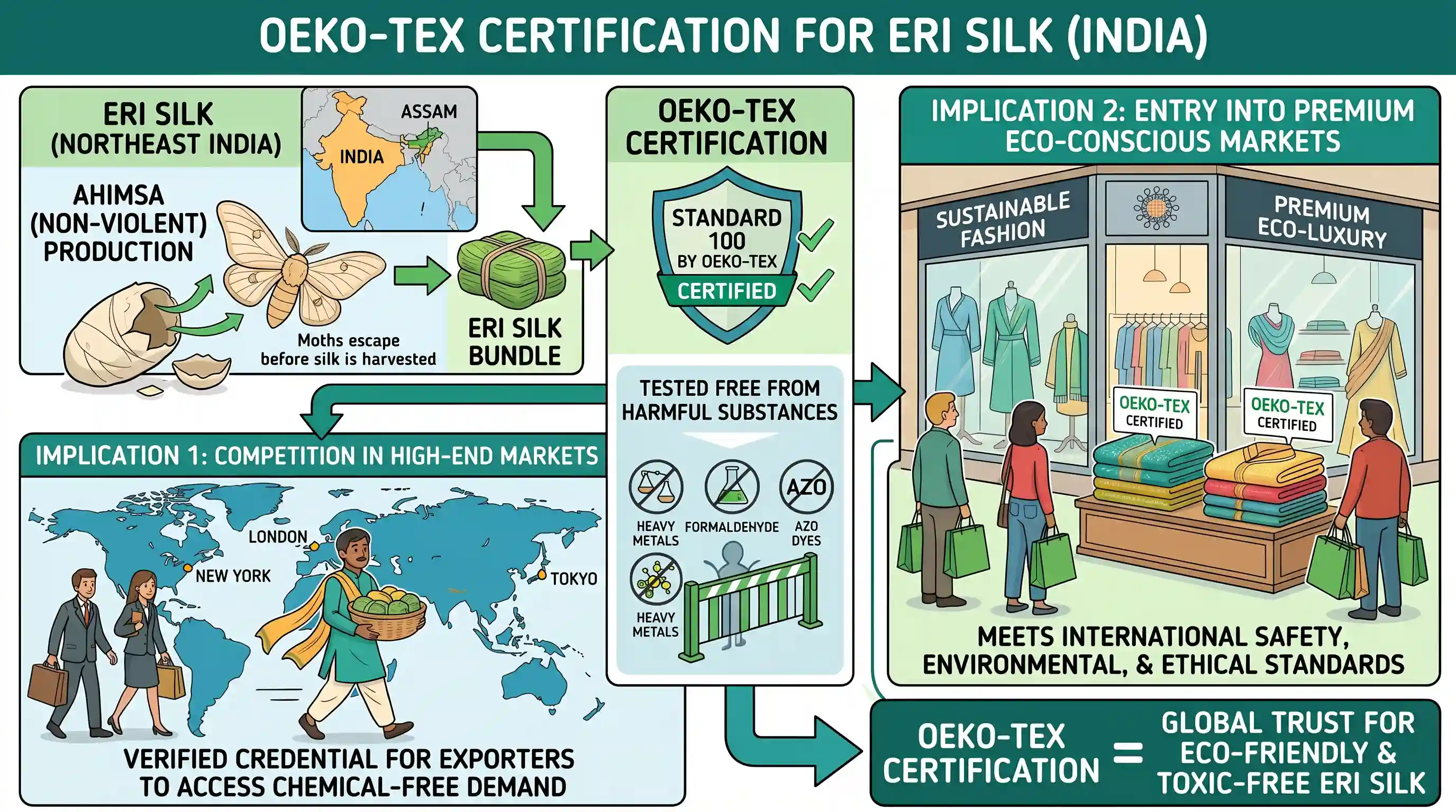 current-affairs: Which of the following is/are the most significant implication(s) of obtaining Oeko-Tex certification for Eri Silk in th