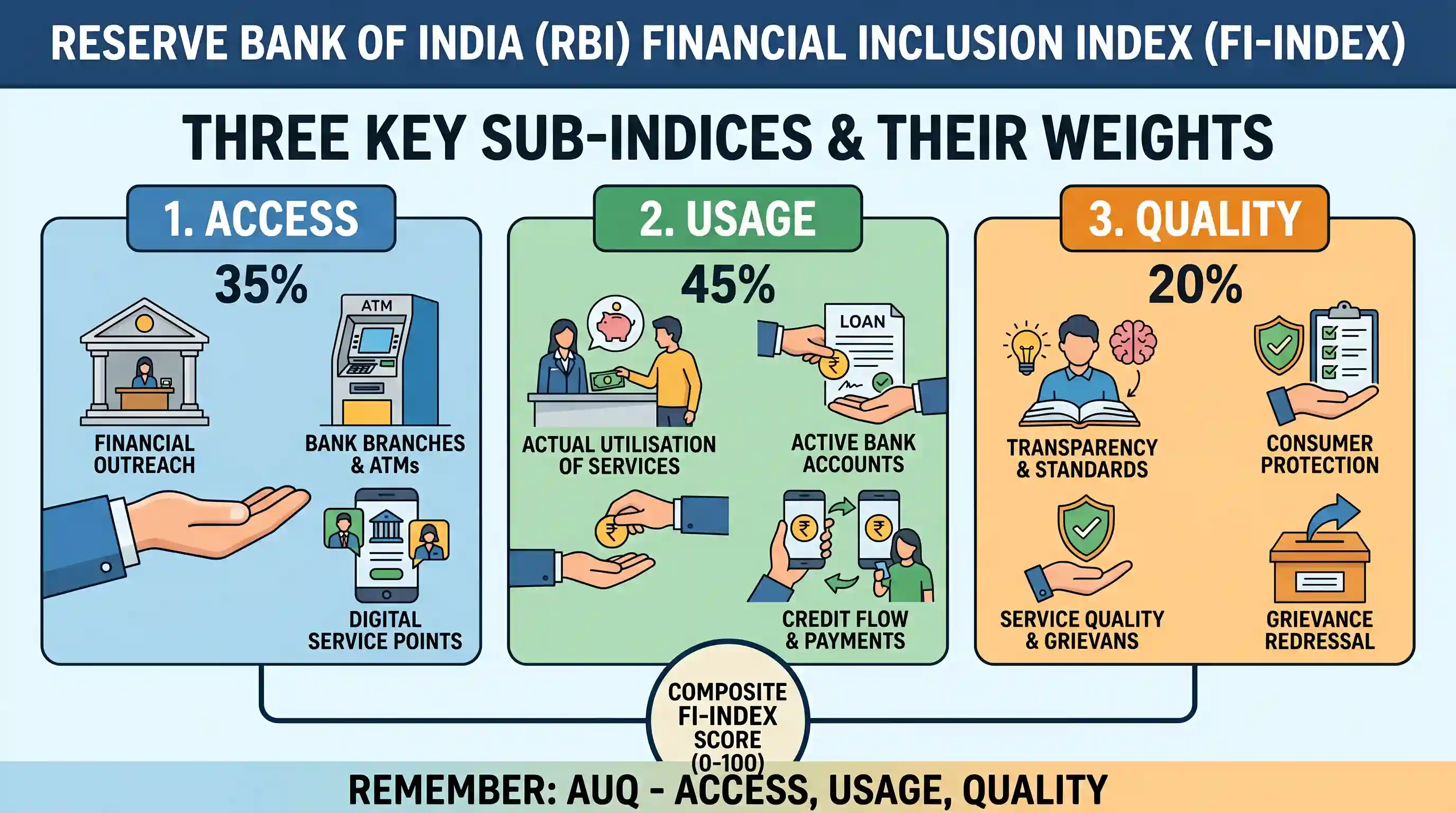 economy: Which one of the following correctly represents the three key sub-indices of the Financial Inclusion Index (FI-Index) of