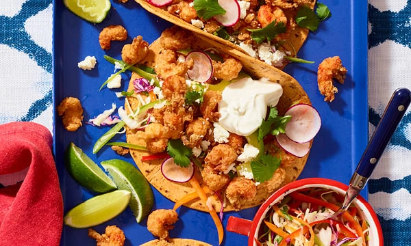 Fried Crawfish Tacos with Cilantro-Lime Slaw