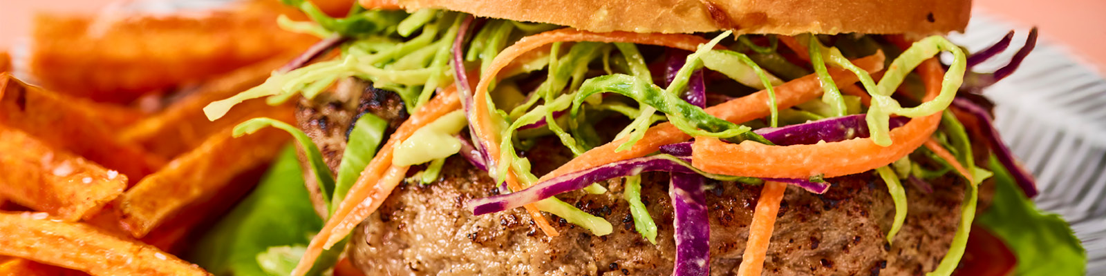 Turkey Burgers with Avocado Slaw & Sweet Potato Fries