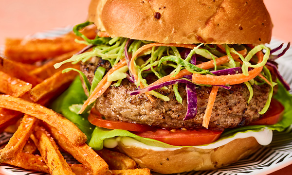 Turkey Burgers with Avocado Slaw & Sweet Potato Fries