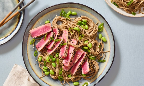 Sesame-Crusted Tuna with Edamame & Tahini Soba Noodles