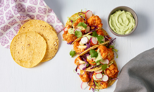 Buffalo Cauliflower Tacos with Avocado Crema 