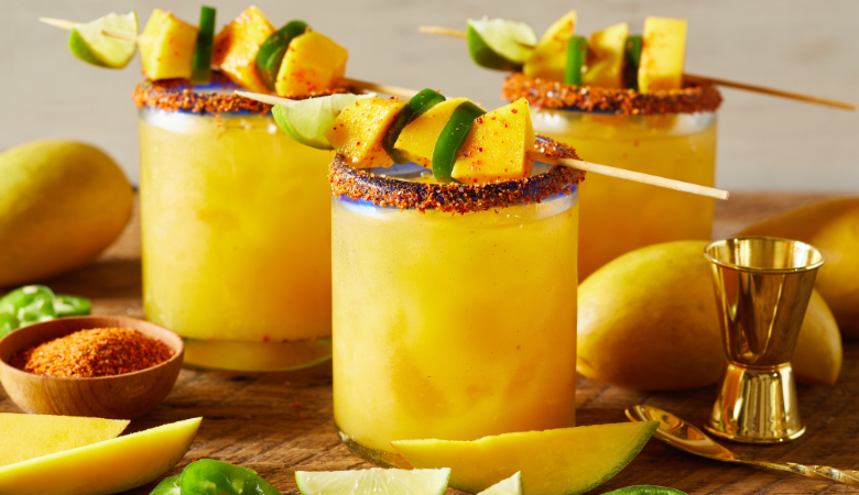 Mango Margaritas, limes, chili, mango and limes kabob 