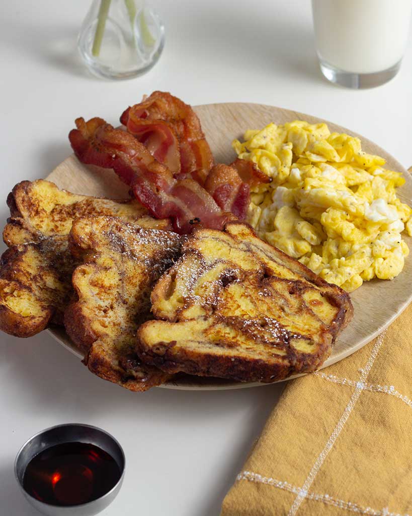 Chunky Cinnamon Bread French Toast with Eggs & Bacon