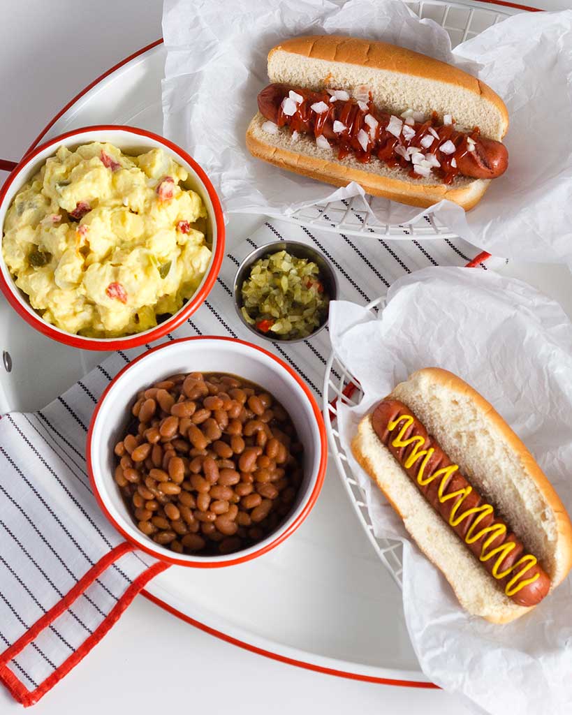 Spiralized Hot Dogs, Potato Sald and Baked Beans