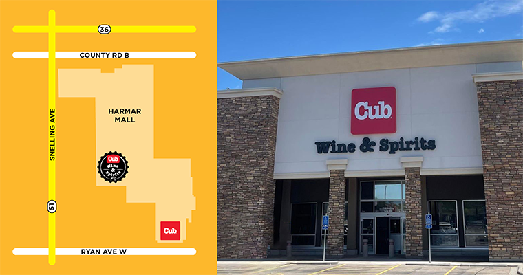 Map and Outside view of new Cub Wine and Spirits in Roseville at HarMar