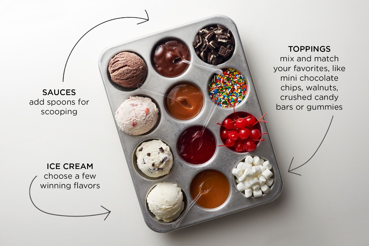 muffin tin filled with ice cream toppings