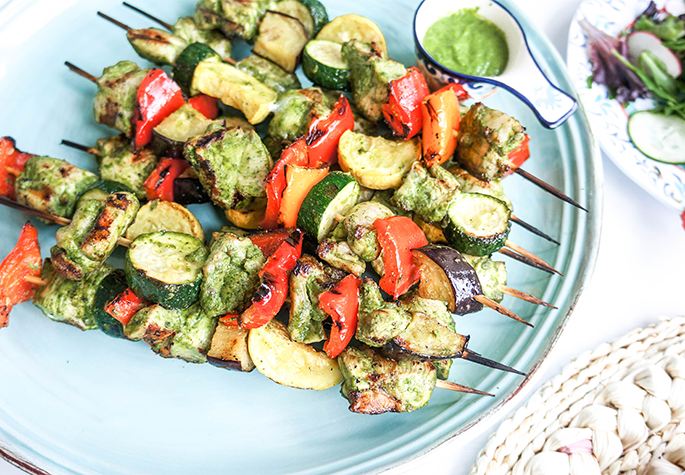 Cilantro, Pesto Chicken and Veggie Skewers