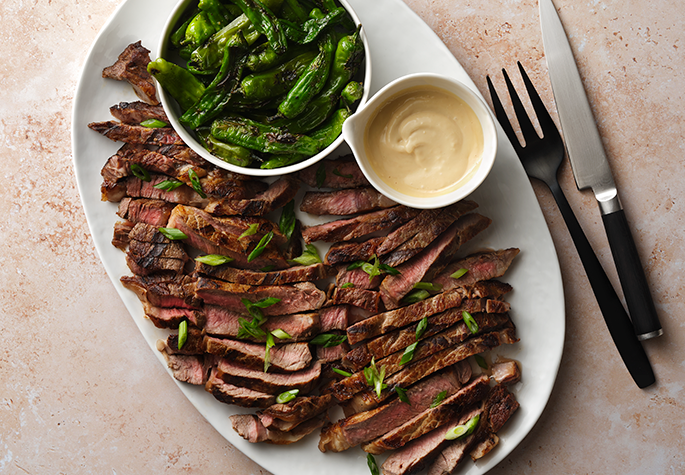 Grilled Ribeye with Shishito Peppers and Honey Ginger Aioli recipe