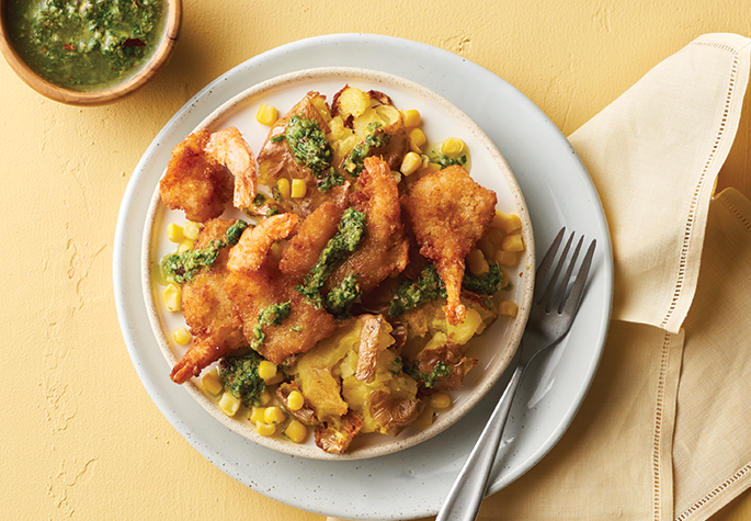 Argentinian Chimichurri Shrimp, Smashed Potatoes, and Corn