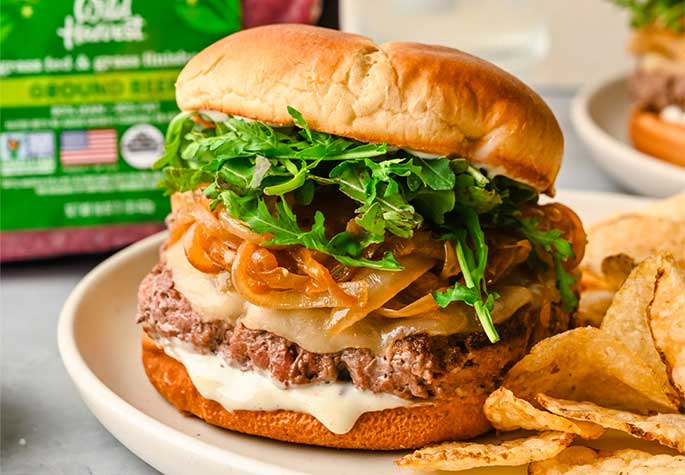 Burgers with Caramelized Onion, Arugula and Lemon Pepper Mayo