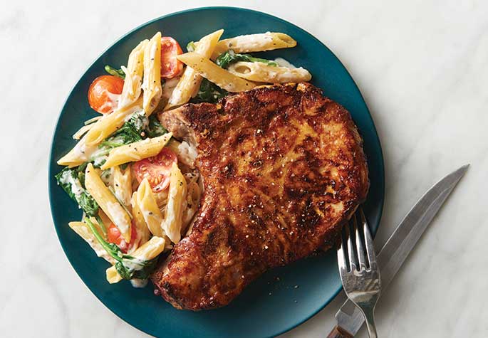 Caesar Pork Chops and Pasta recipe