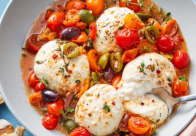 Chile Roasted Tomatoes and Olives with Burrata recipe