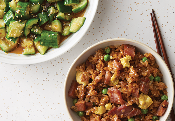 Chinese-Style BBQ Pork Fried Rice with Smashed Cucumber Salad