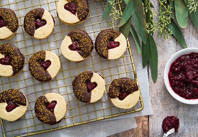 Chocolate-Dipped Raspberry Linzer Cookies