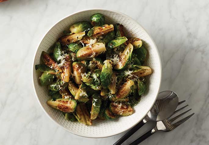 Make-Ahead Maple Soy Brussels Sprouts with Gruyere