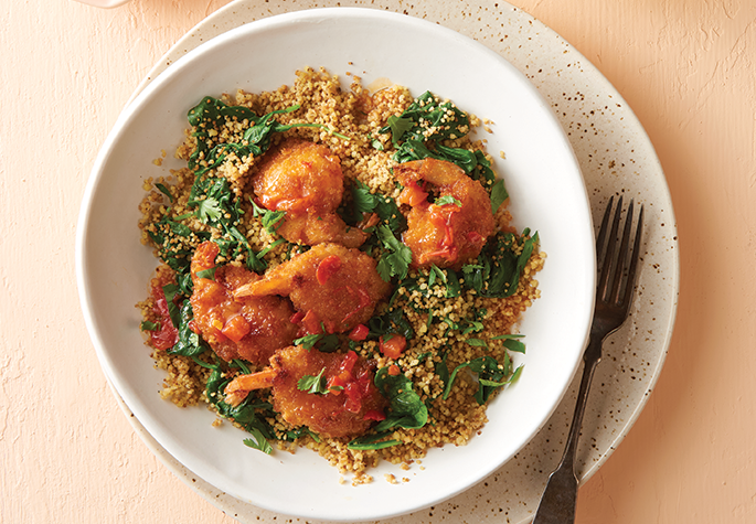 North African Crispy Lemon-Harissa Shrimp with Couscous