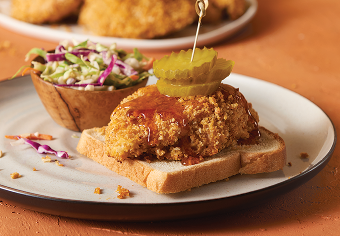 Oven-Fried Pickle-Brined Chicken Thighs with Creamy Hot Honey Slaw