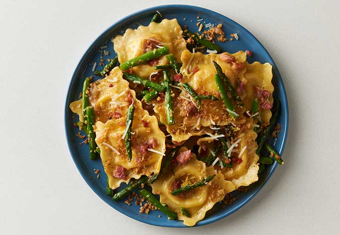 Ravioli with Pancetta, Asparagus, and Breadcrumbs recipe