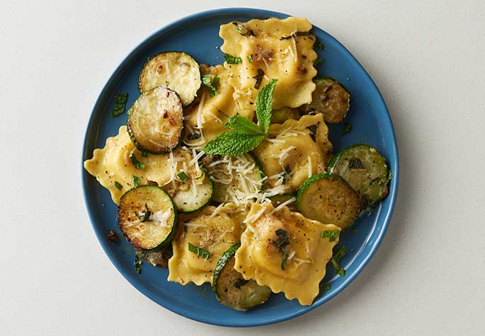 Four Cheese Ravioli with Pan Roasted Zucchini And Mint recipe