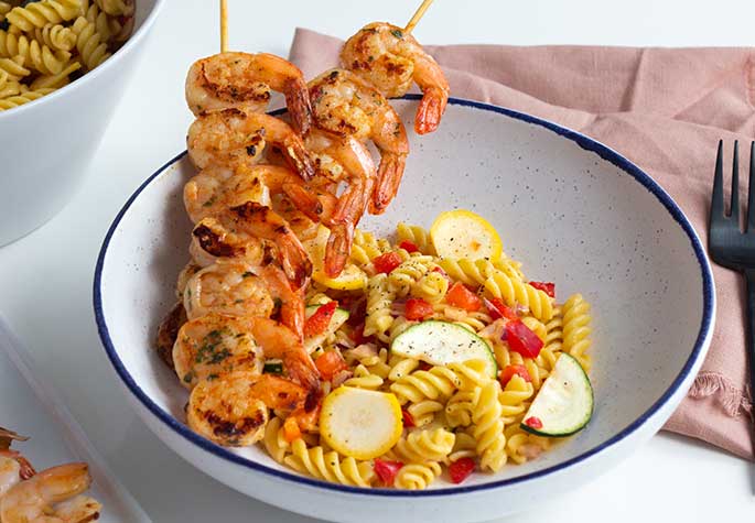 Shrimp Skewers & Veggie Pasta