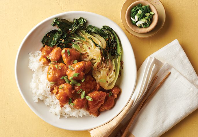 Orange Chicken with Sticky White Rice and Sauteed Ginger Soy Bok Choy