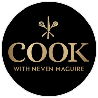 Cook with Neven Maguire gold logo on black background