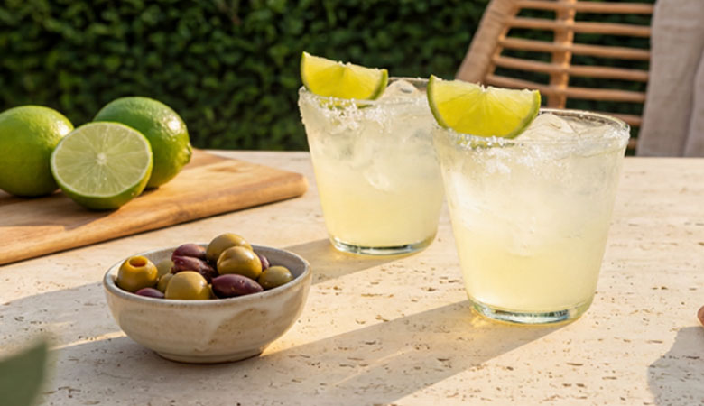 Two Tommy Margaritas served over ice with salted rims and lime wedges, displayed on an outdoor table beside a bowl of mixed olives and fresh limes.