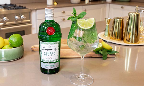 A bottle of gin and a Hugo Spritz cocktail sit on a kitchen counter. The glass is garnished with lime and mint, evoking a fresh and sophisticated vibe.