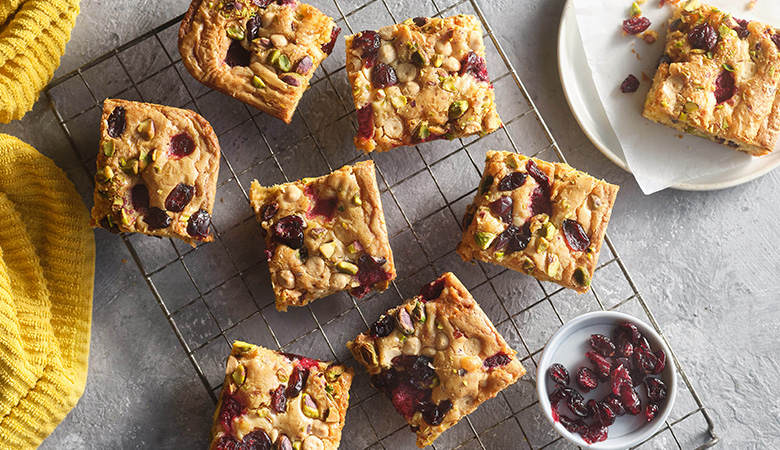 White Chocolate, Cranberry & Pistachio Blondies