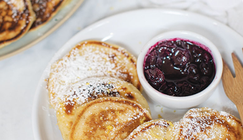 Ricotta and Lemon Mini Pancakes with Blueberry Coulis