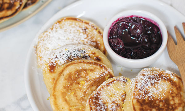 Ricotta and Lemon Mini Pancakes with Blueberry Coulis