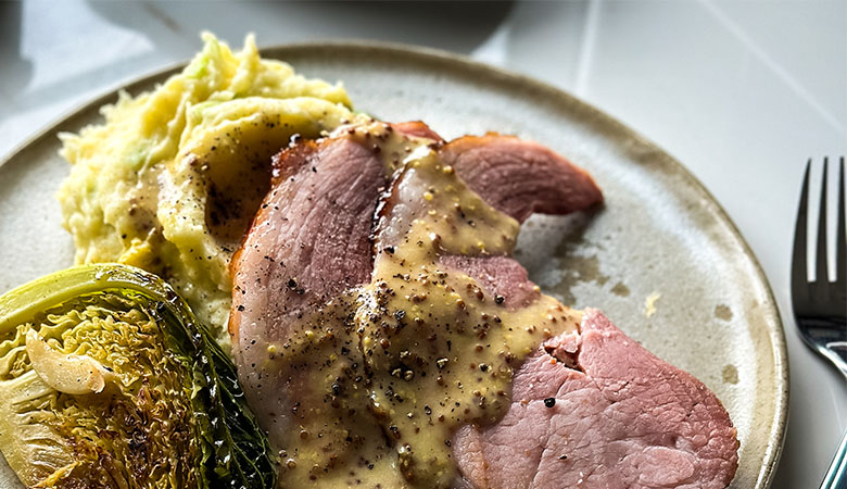 Baked Honey, Whiskey & Mustard Ham with Champ & Buttery Savoy Cabbage