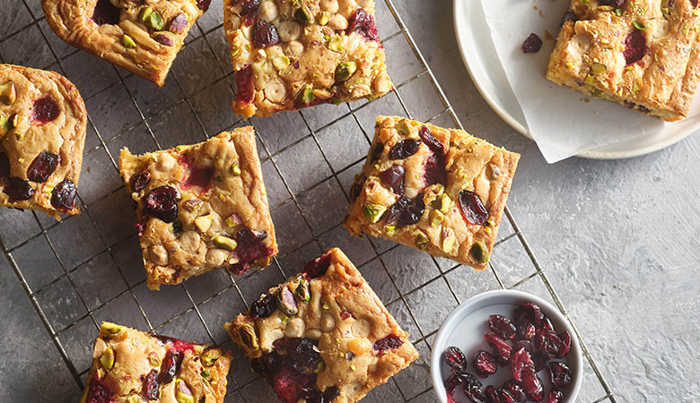 White Chocolate, Cranberry & Pistachio Blondies