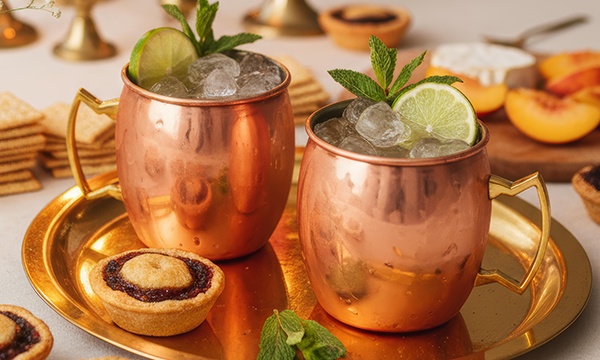 Two Moscow Mule copper coloured glasses garnished with a sprig of mint and a slice of lime