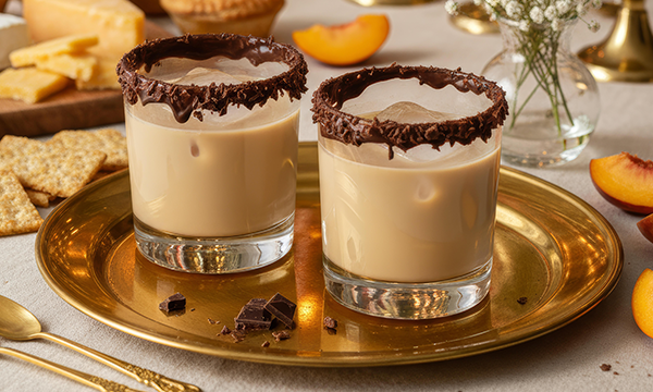 Two chocolate rimmed glasses of Baileys liqueur on a gold tray