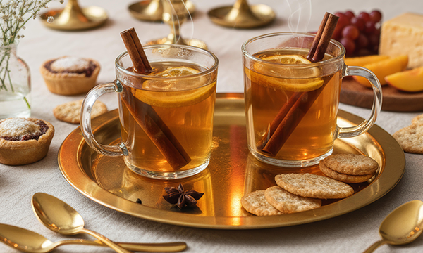 Two glass cups with hot vodka garnished with a cinnamon stick and lemon slices on a gold tray