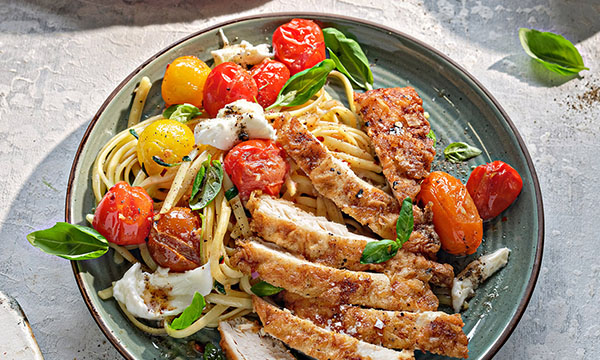 Florentine Butter Chicken with Burst Cherry Tomatoes, Basil & Mozzarella