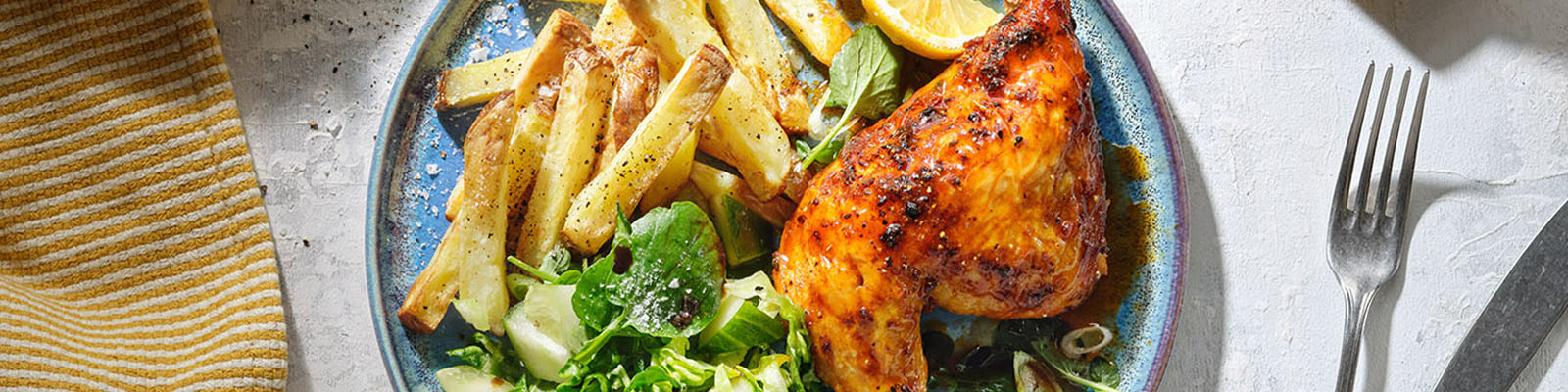 Piri Piri Spatchcock Chicken with Rosemary Chips & Green Salad