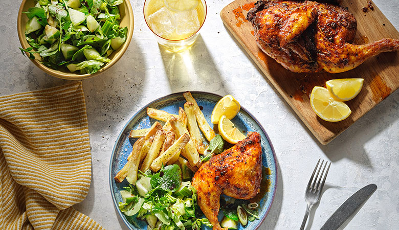 Piri Piri Spatchcock Chicken with Rosemary Chips & Green Salad