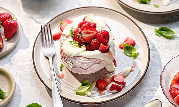 Sweet Pavlova Clouds with Sweetened Cream & Berries