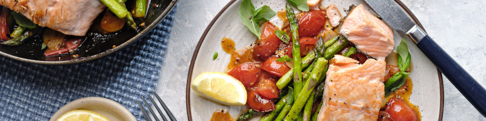 Crispy Salmon with Asparagus & Cherry Tomato Basil Sauce