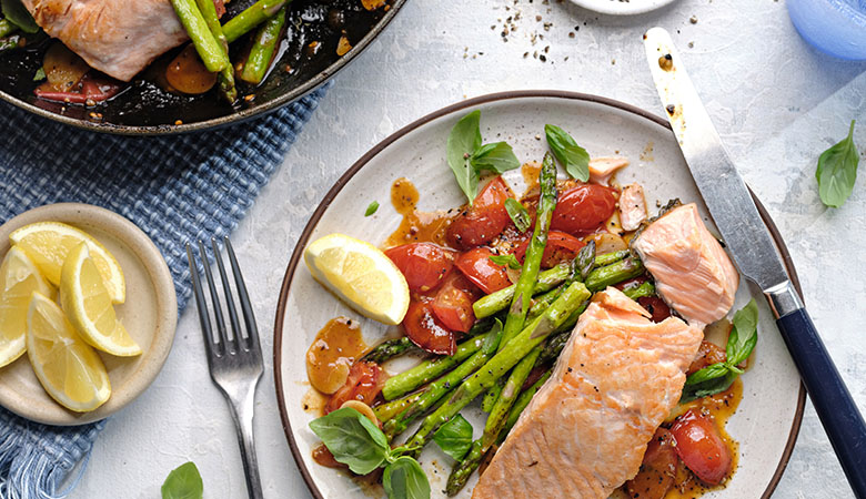 Crispy Salmon with Asparagus & Cherry Tomato Basil Sauce