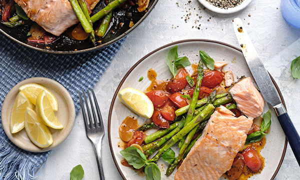 Crispy Salmon with Asparagus & Cherry Tomato Basil Sauce