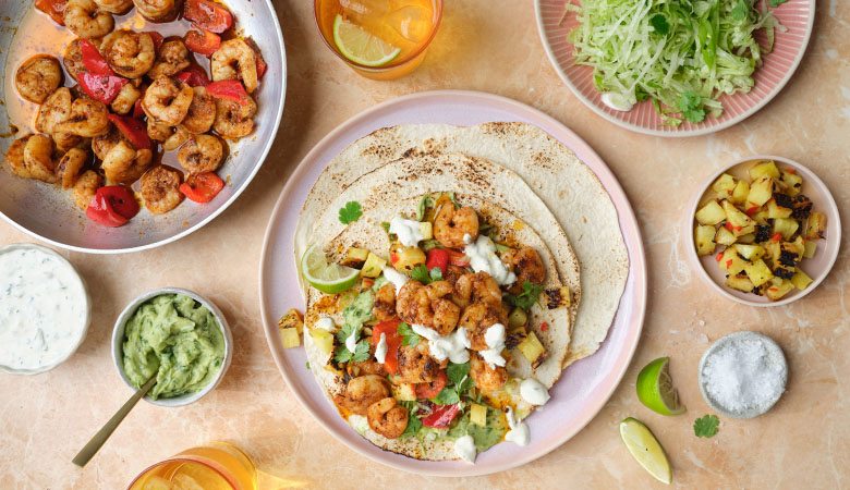 Prawn Fajitas with Charred Pineapple Salsa and Coriander Sour Cream